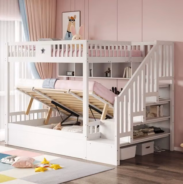 Letto a castello ULEVR 140x200 cm con letto inferiore idraulico, scala contenitore e ripiani, bianco