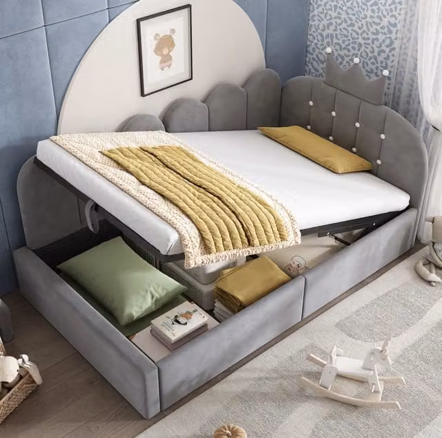 Letto contenitore 90x200 cm grigio in velluto con contenitore idraulico, senza materasso
