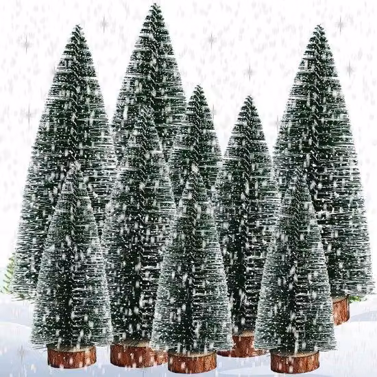 Set di alberelli di Natale, 9 pezzi, verde, 10-20 cm, base in legno