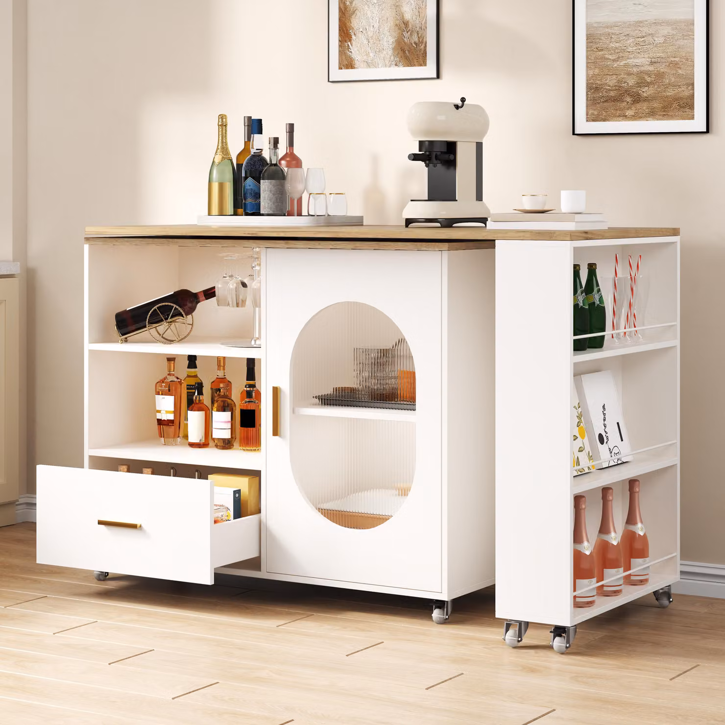 Isola da cucina MODFU, carrello da cucina con spazio contenitivo, carrello di servizio estendibile da 120–180 cm, tavolo da pranzo con piano girevole a 360°, mobile su ruote con freno, colore naturale/bianco