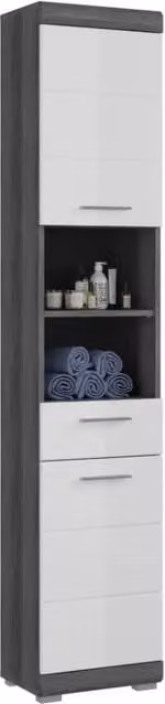 Colonna da bagno SCOTT – 2 porte e 1 cassetto – Grigio scuro e bianco – 37x191x31 cm