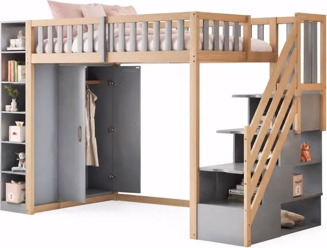 Letto a soppalco 90x200 cm con armadio; scale con cassetti e ripiani; grigio