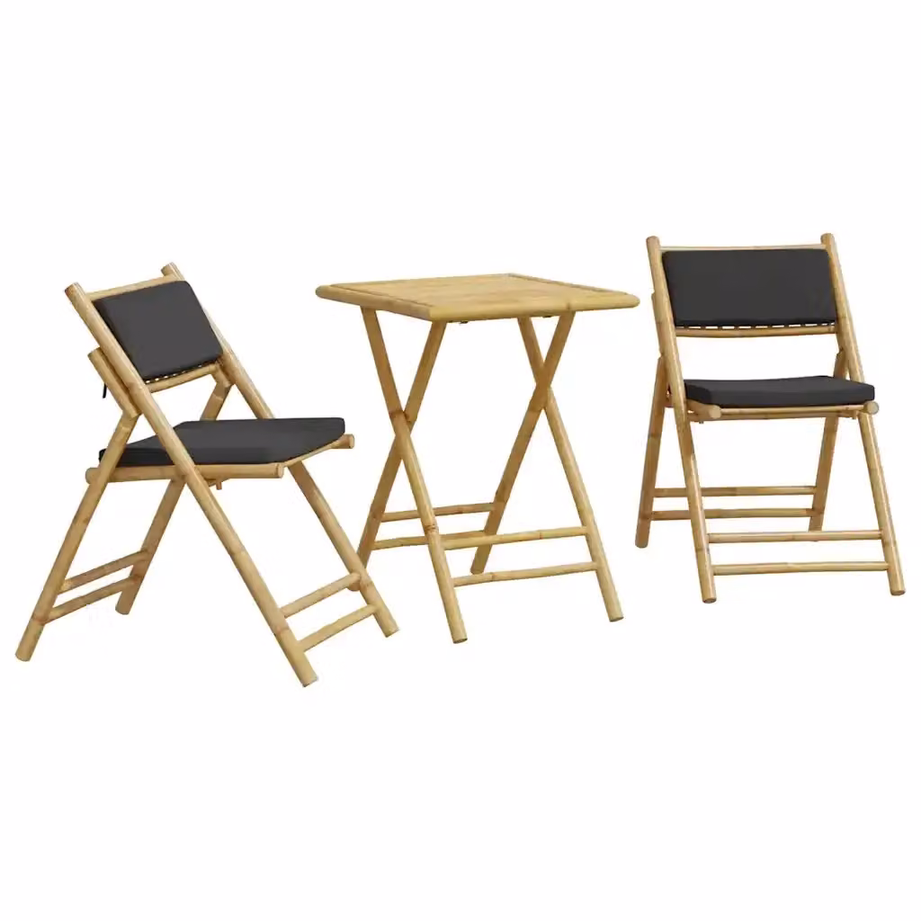 Set da Bistrot Pieghevole 3pz vidaXL in Bambù con Cuscini Grigio per Giardino e Balcone – 2