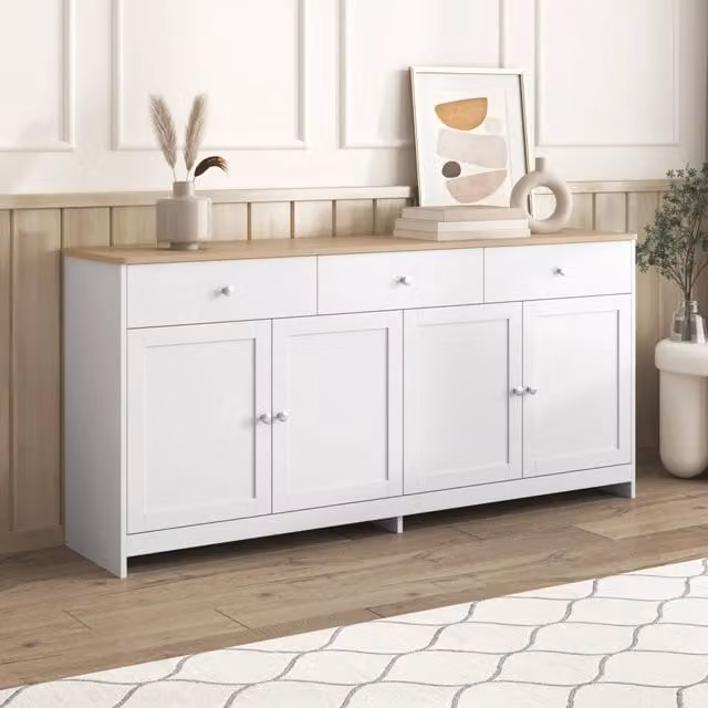 Credenza in MDF stile rustico con 3 cassetti e 4 ante, ripiani regolabili, colore bianco e beige, L 160 cm x P 37 cm x H 75 cm – 1