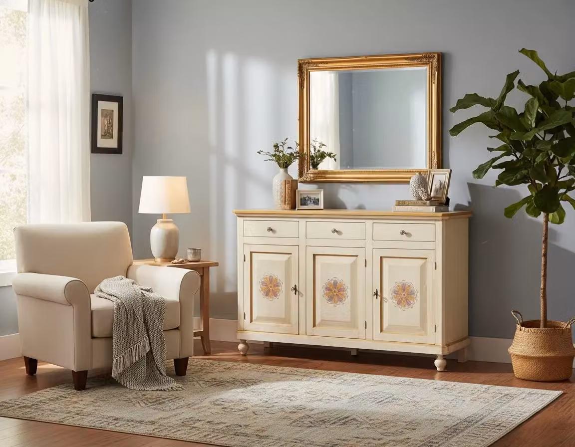 Madia credenza in legno con 3 ante di Mobili 2G in colore avorio pennellato L: 150 cm, P: 43 cm, H: 98 cm – 2
