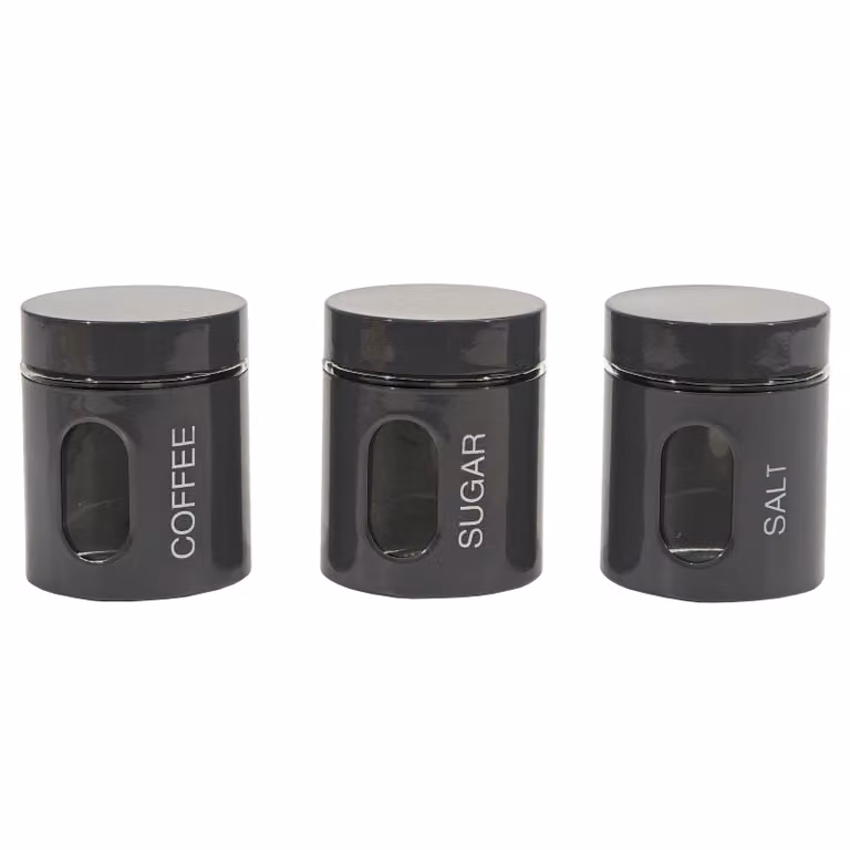 GUSTO CASA - Set di 3 barattoli da cucina in vetro e acciaio in colori Grigio e Nero, capacità 0,75 l ciascuno