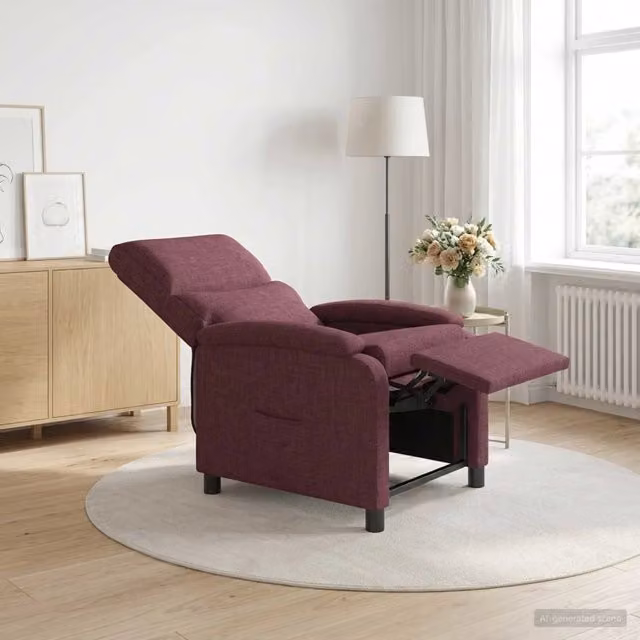 Poltrona reclinabile relax in tessuto viola con braccioli e design moderno