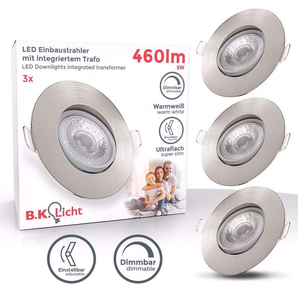 B.K.Licht Faretti LED da incasso ultrapiatti orientabili e dimmerabili, LED integrati 5W, foro Ø68mm, luce calda, 460Lm, set di 3 faretti da soffitto rotondi, plastica color nichel opaco 230V IP23