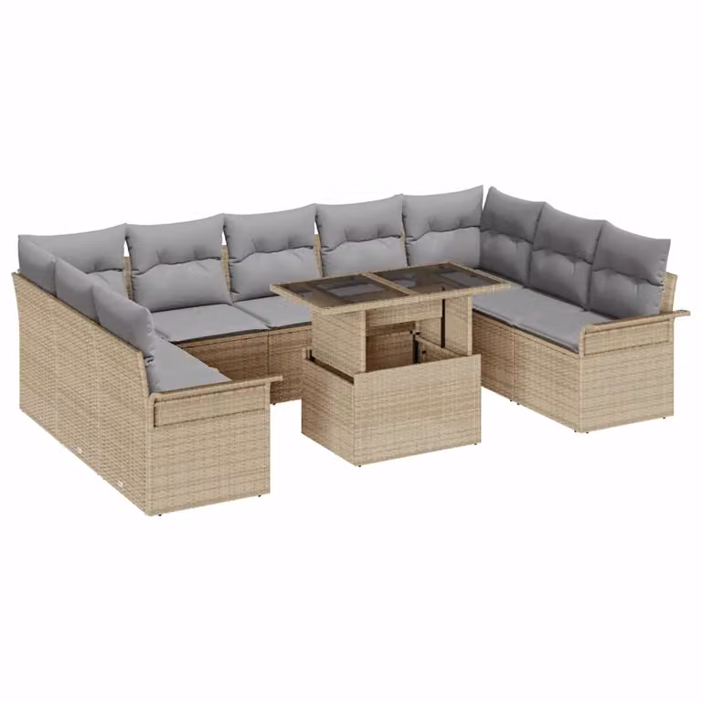 vidaXL Set Divano da Giardino a Forma di U con Tavolino, Beige e Grigio, in Rattan e Acciaio Verniciato a Polvere con Cuscini Inclusi