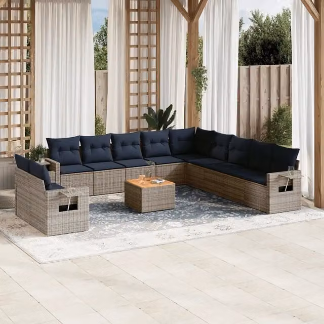 Set di divani da giardino a L con vidaXL, composto da 12 pezzi in polyrattan grigio e blu con cuscini inclusi e tavolino da caffè