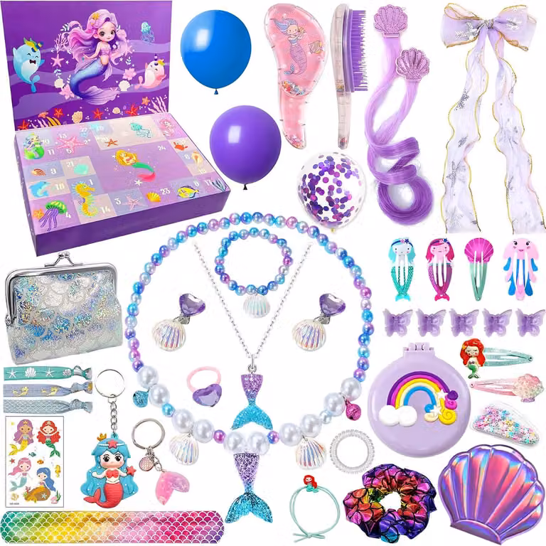 Calendario dell'Avvento con 24 giorni, tema sirena, contenente gioielli e accessori per capelli, ideale per bambine