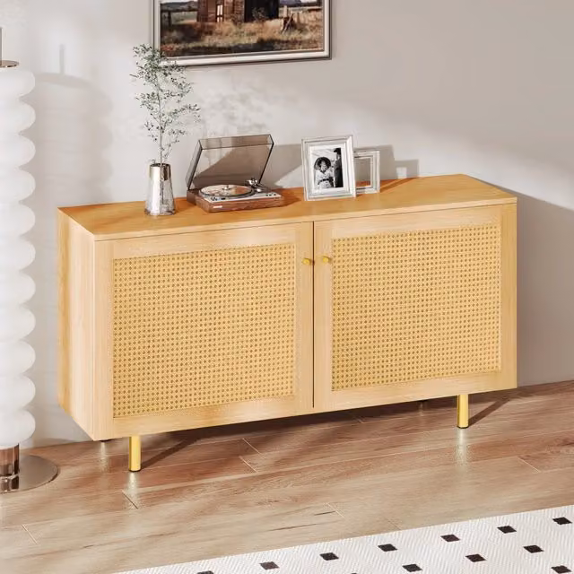 Credenza OKWISH a 2 ante con ripiano in rattan intrecciato e dettagli in metallo, colore beige, per soggiorno, sala da pranzo o ingresso, L 120 cm x P 40 cm x H 63 cm