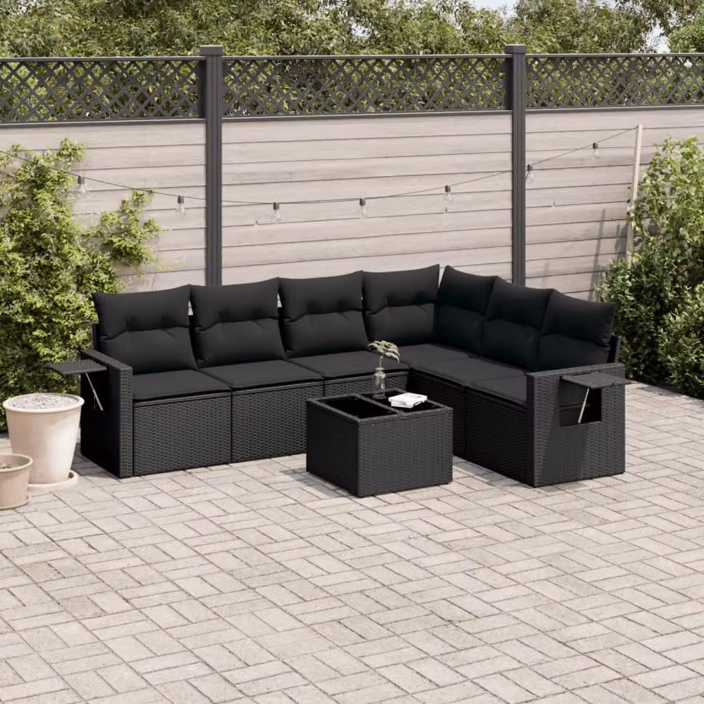 vidaXL Set Divano da Giardino a L con 7 Pezzi in Polyrattan Nero e Cuscini Imbottiti – 1