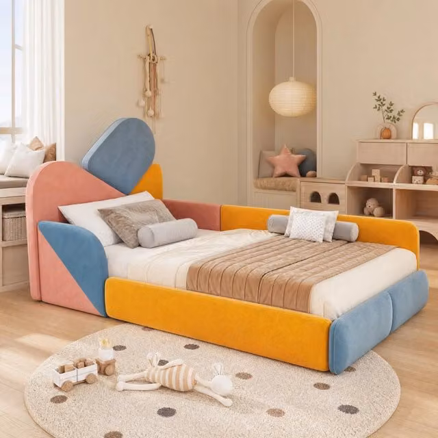 Letto per bambini basso 90 × 200 cm con sponde rialzate, senza materasso, in velluto, blu multicolore