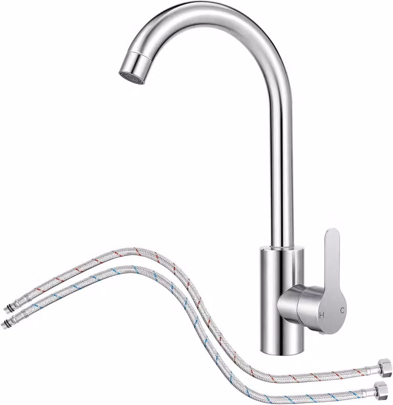 Rubinetto monocomando per lavabo, in acciaio inossidabile, con bocchetta girevole a 360°, ad arco alto, attacco da 1/2", adatto per cucina e bagno