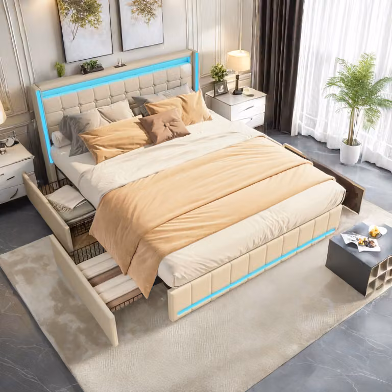 Letto imbottito ProximaX con LED e funzione di ricarica USB sulla testata e 4 cassetti. Letto matrimoniale 160x200cm con rete a doghe in legno in beige