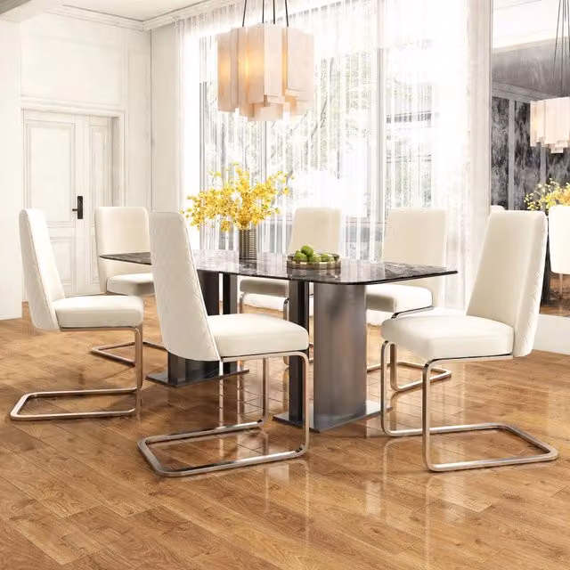 Desviae Set di 6 sedie da pranzo in velluto beige con gambe in metallo argento e schienale con motivo a rombi