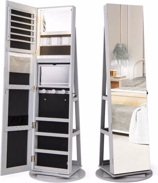 Armadio portagioielli girevole con specchio a figura intera luci LED, Organizer da terra di gioielli Grigio