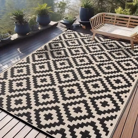 Tappeto Esterno Resistente all'Uso Esterno, Piastra di Plastica Resistente ai Raggi UV, Invertibile, Ripiegabile, Lavabile, Mat per Balcone, Giardino e Terrazza (270 x 360 cm, Nero & Beige)