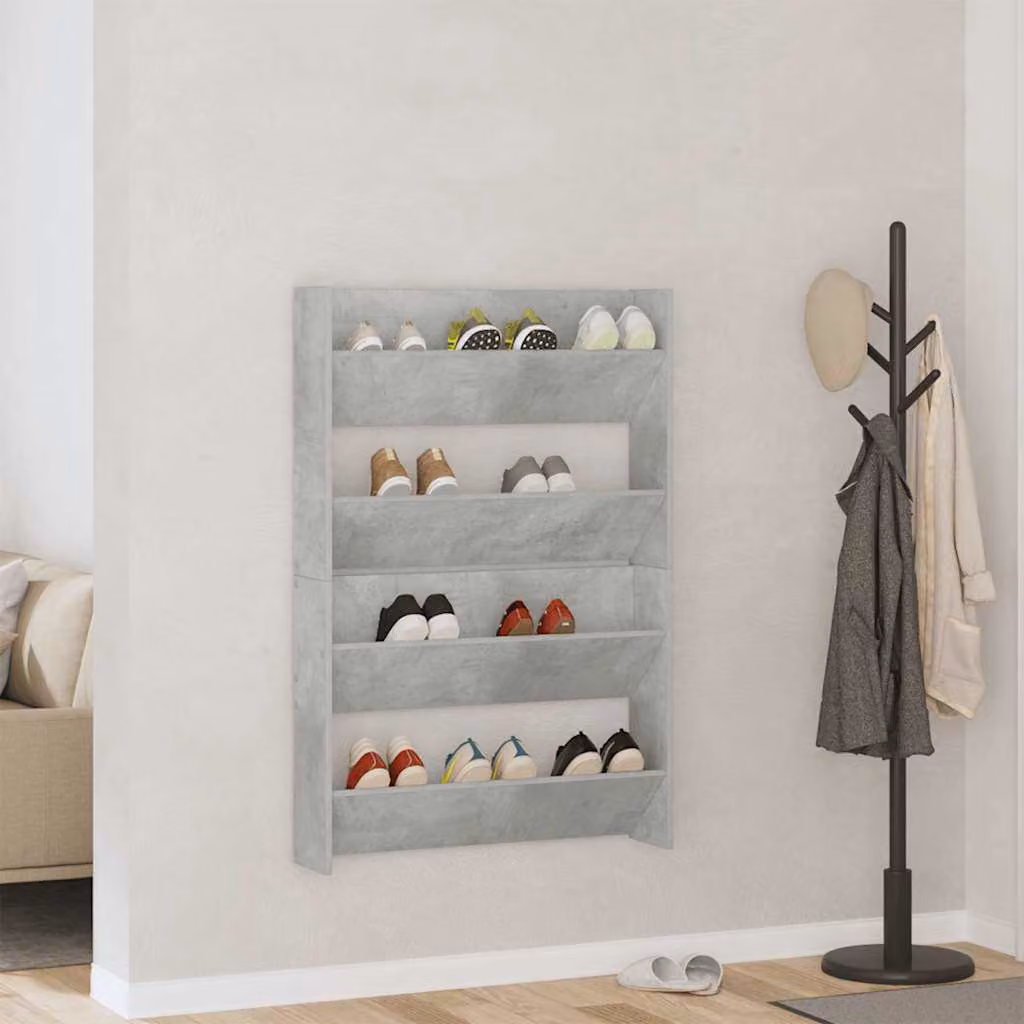 Set di 2 scarpiere da muro vidaXL in legno multistrato, colore grigio cemento opaco, con scomparti basculanti, L: 80 cm, P: 18 cm, H: 60 cm