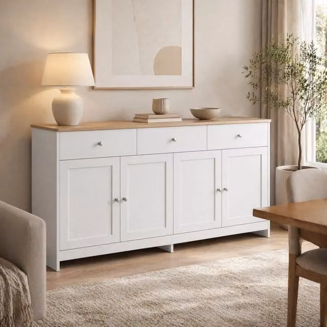 Credenza Mivray con quattro ante, tre cassetti e ripiani regolabili in MDF, finitura bianco e legno, L: 160 cm, P: 37 cm, H: 75 cm