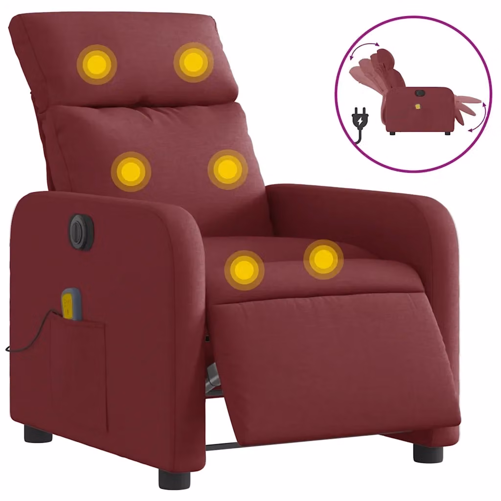vidaXL Poltrona Massaggiante Reclinabile Elettrica in Tessuto Rosso – 2