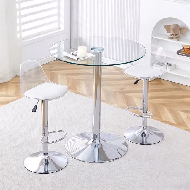 Tavolo Bar in Vetro Temperato con 2 Sgabelli ¨C MINIMAL ¨C Altezza Regolabile, Girevoli, 89 cm