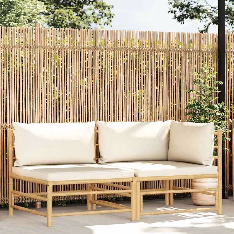 vidaXL Set di Divani da Giardino a L con Cuscini in Bambù, Colore Bianco e Beige