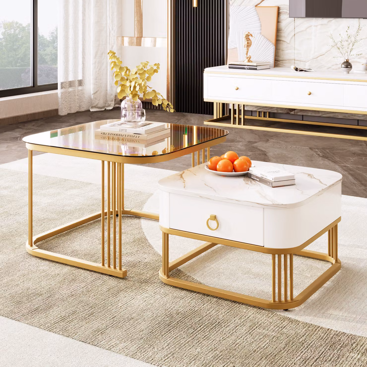 Tavolino impilabile Sweiko: piano in marmo lucido e vetro marrone verde acqua, accenti dorati, tavolino con cassetti. set di due pezzi