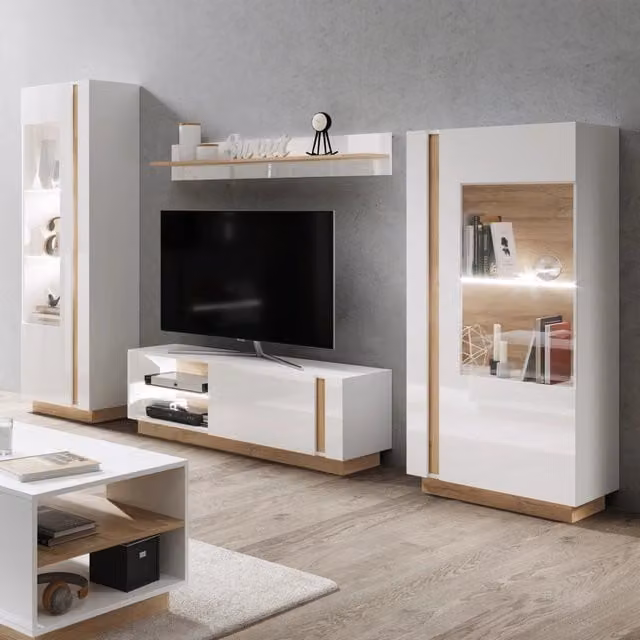 Mobile Soggiorno Kanazala, Parete Attrezzata Modulabile, Bianco Lucido