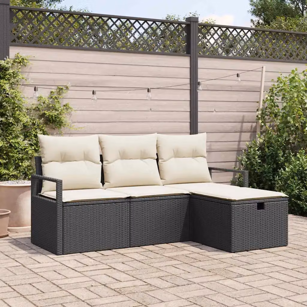 Set di divani da giardino vidaXL a forma di L con 4 posti, colore nero e beige, in rattan con struttura in metallo e cuscini inclusi – 1