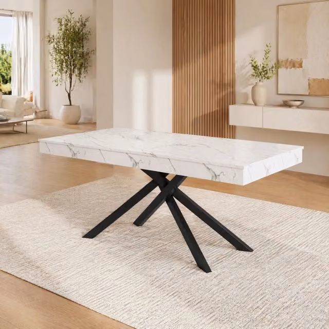 Tavolo da pranzo allungabile ULEVR 140-180x80 cm per 6-8 persone, piano in MDF bianco e gambe in metallo incrociate