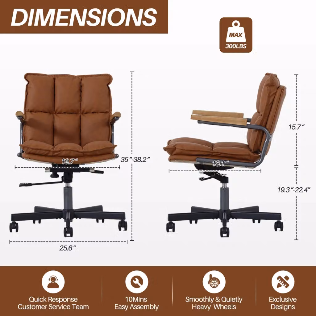 Sedia da ufficio girevole REDOM in ecopelle marrone con braccioli e stile mid-century – 2