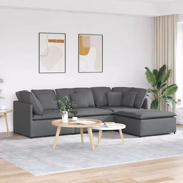 Divano Modulare con Poggiapiedi e Cuscini Tessuto Grigio Scuro 3321298