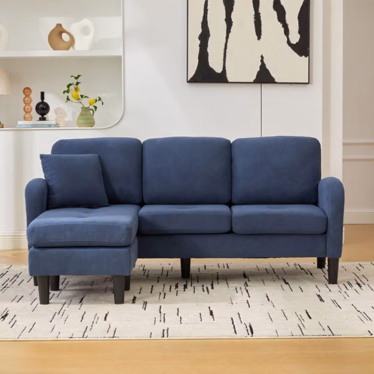 Divano angolare a forma di L con chaise longue, dimensioni 166x118x77 cm, divano modulare da 3 posti rivestito in corda con gambe in plastica, ideale per soggiorno e ufficio