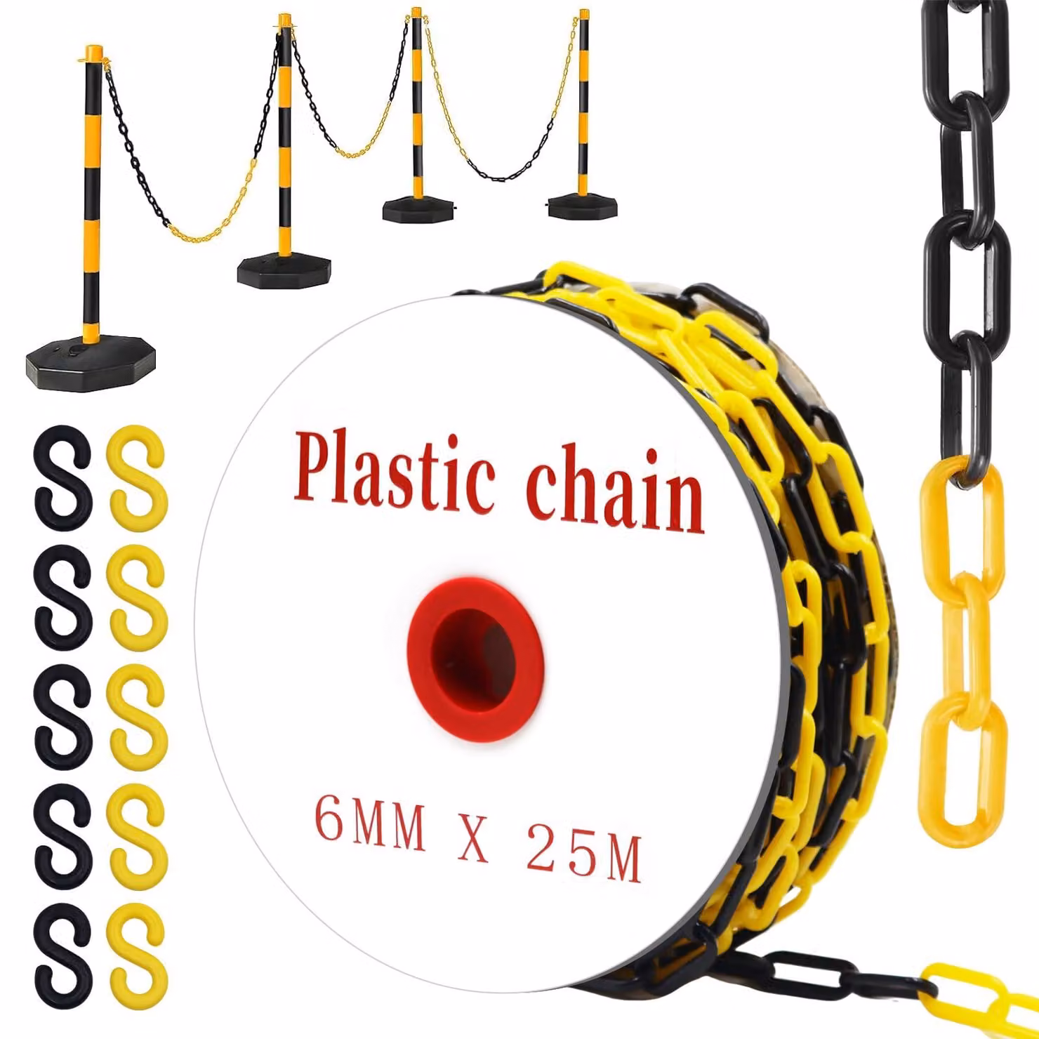 Catena di delimitazione in plastica, 25 metri, nera/gialla, con 10 ganci a uncino