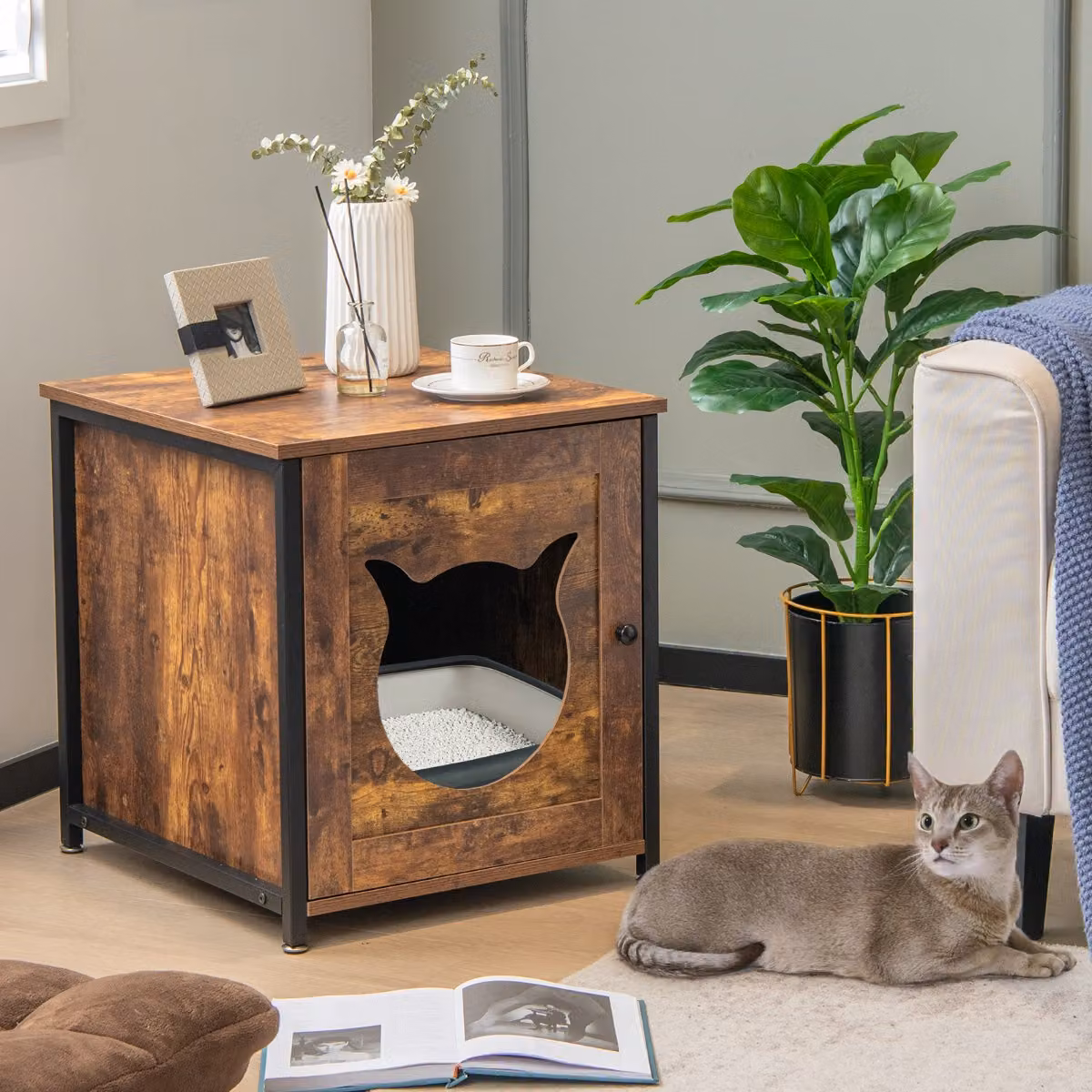 Costway Tavolino multiuso per gatti con porta ingresso a forma di gatto, Mobile decorativo per lettiera in legno Marrone