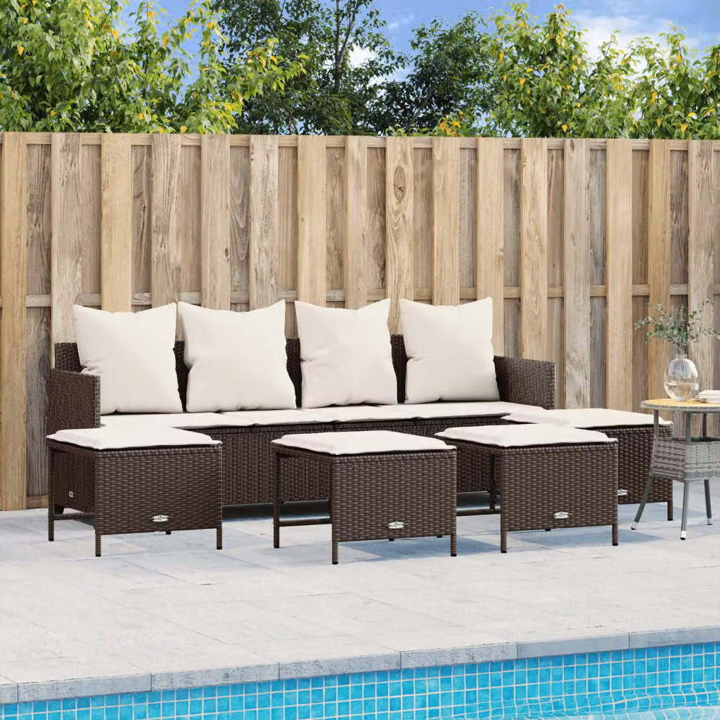 vidaXL Set Divano da Giardino Moderno con Ottoman e Cuscini Imbottiti, Marrone e Bianco – 1
