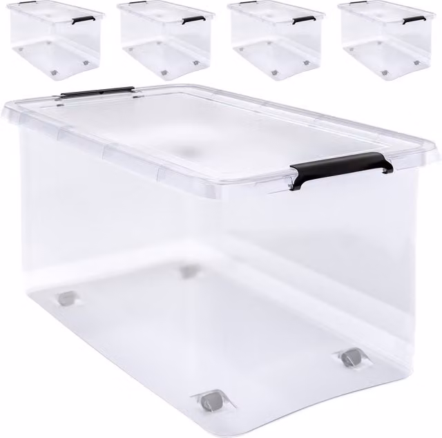 Set di 4 contenitori in plastica Deuba con coperchio e ruote, trasparenti, L/P/H: 60 x 40 x 35 cm, capacità 60L