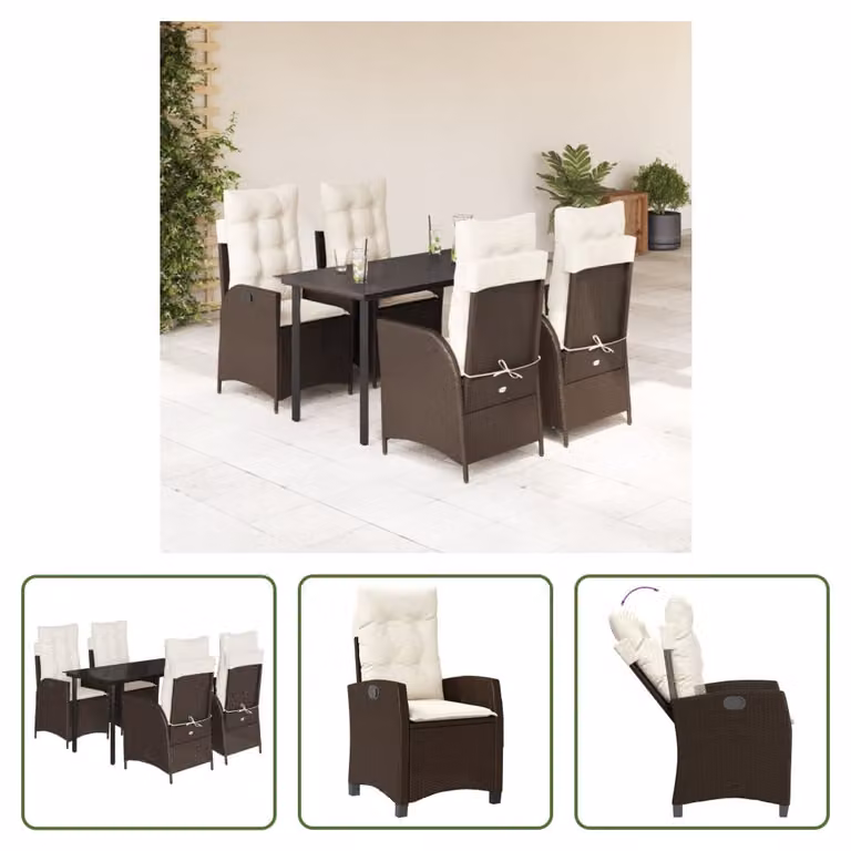 The Living Store Set da pranzo da giardino 5 pezzi con cuscini in polirattan marrone