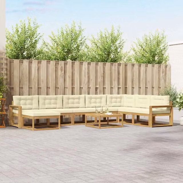 Set di divani da esterno a forma di U vidaXL in legno di acacia con cuscini, colore bianco e beige – 1