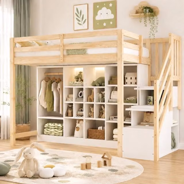 Letto a soppalco in legno 90x200 cm con armadio semplice, ripiani multifunzione e illuminazione LED, scala laterale integrata, bianco e colore legno