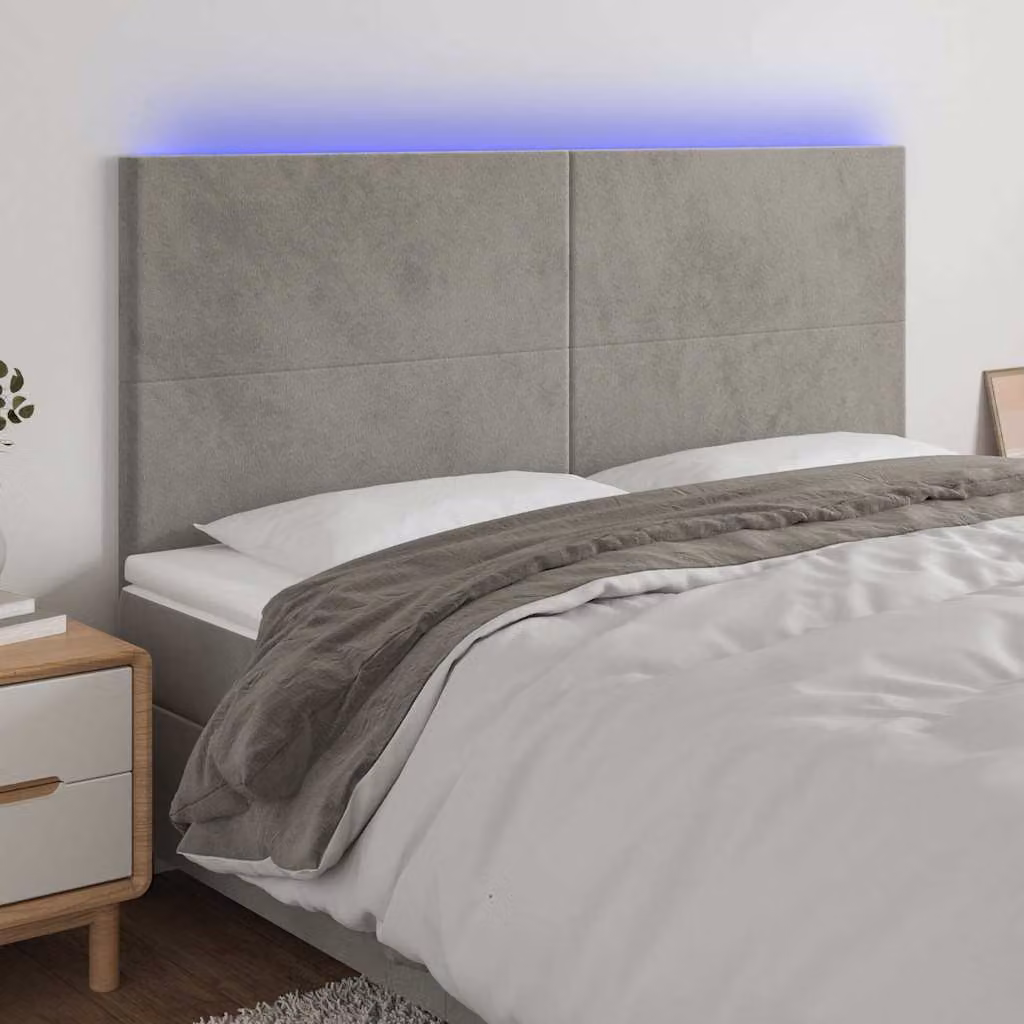 Testiera per letto vidaXL in velluto grigio con illuminazione LED e porta di ricarica USB, L/P/H: 160 x 5 x 118/128 cm