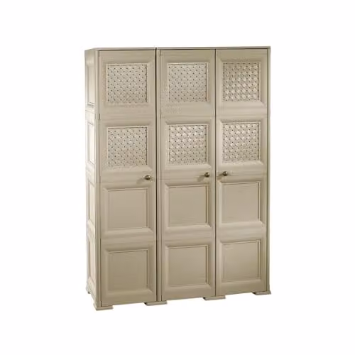 MA MAISON Armadio in Plastica 118 x 43 x 164 cm con 3 Ante, Vano Portascope e Ante Traforate – Mobile Alto Salvaspazio per Lavanderia e Organizzazione Casa (Taupe)
