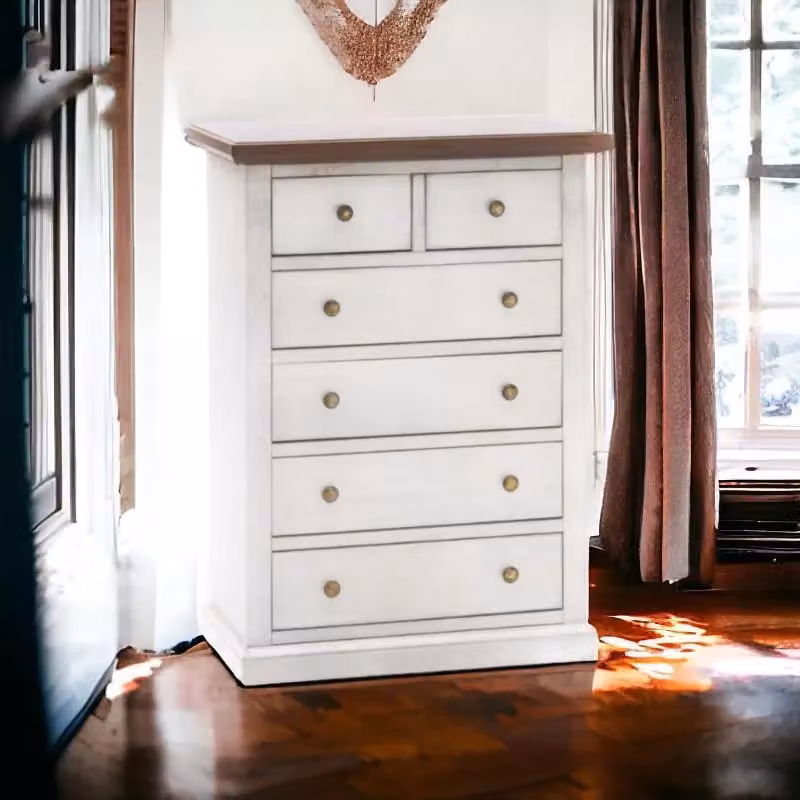 Cassettiera in legno shabby chic Mobili 2G bianco anticato e noce L/P/H: 62 x 37 x 93 cm – 2