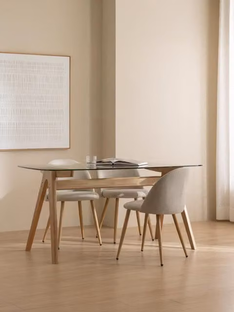 Tavolo da pranzo rettangolare moderno Kenay Home con piano in vetro trasparente e legno massiccio, Altezza: 75 cm