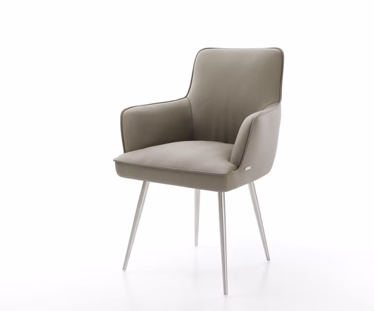 Sedia da pranzo DELIFE Heira-Flex con braccioli in vera pelle color fango, 4 gambe coniche in acciaio inossidabile, molle insacchettate