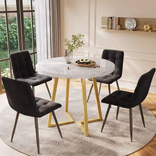 Set tavolo da pranzo 5 pezzi Ø80 cm effetto marmo, MDF bianco, sedie velluto nero