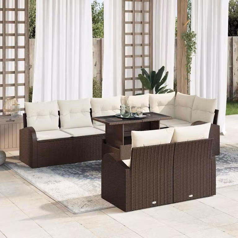 vidaXL Set Divano da Giardino 9 Pezzi Moderno in Polyrattan Marrone e Beige con Cuscini e Tavolino