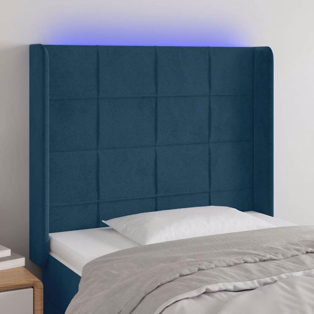 Testiera per letto vidaXL in velluto blu scuro con illuminazione LED integrata e porta di ricarica USB, L/P/H: 93 x 16 x 118/128 cm